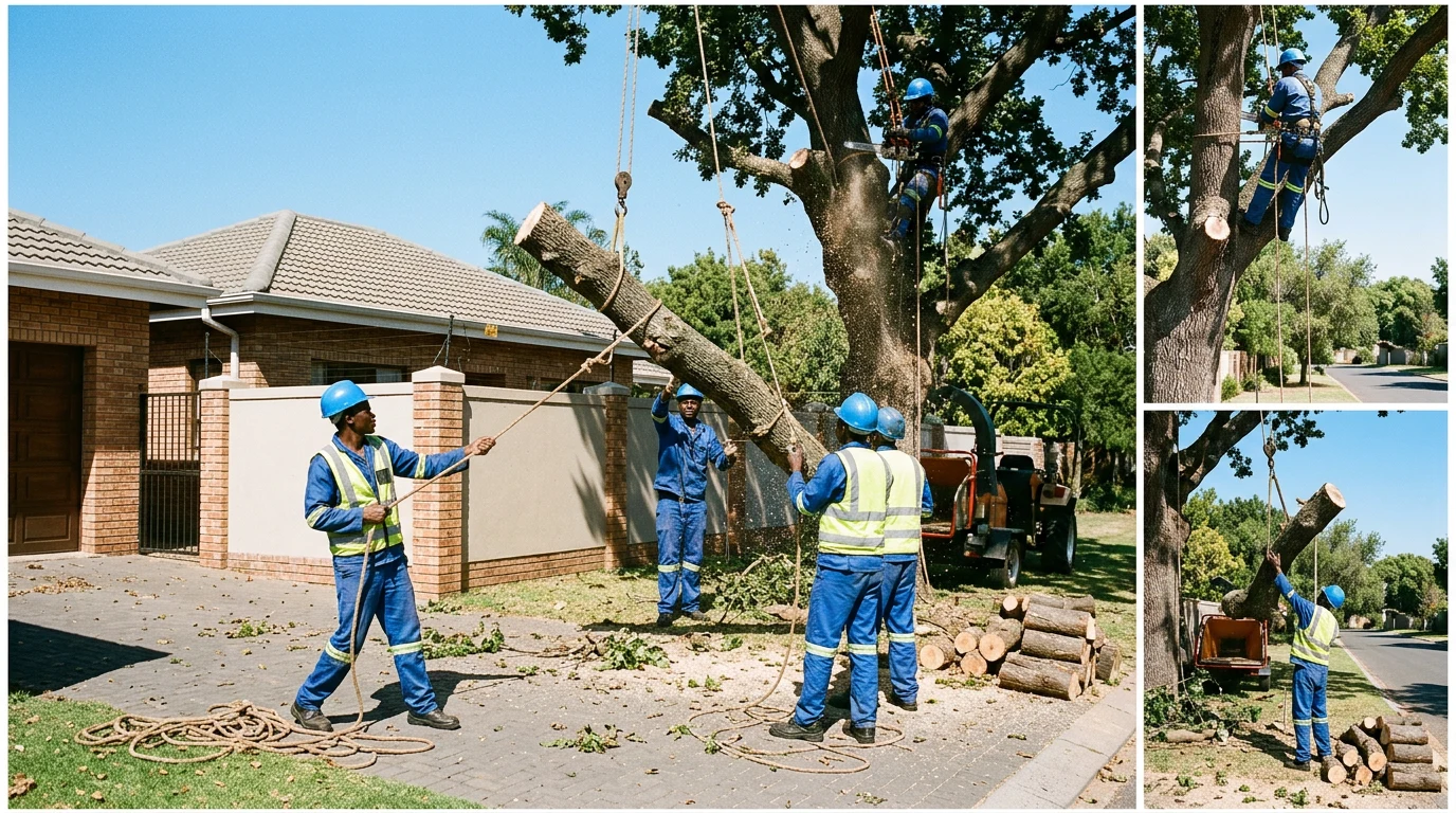 CK112 Tree Felling branded collage showing professional tree care, equipment and completed work