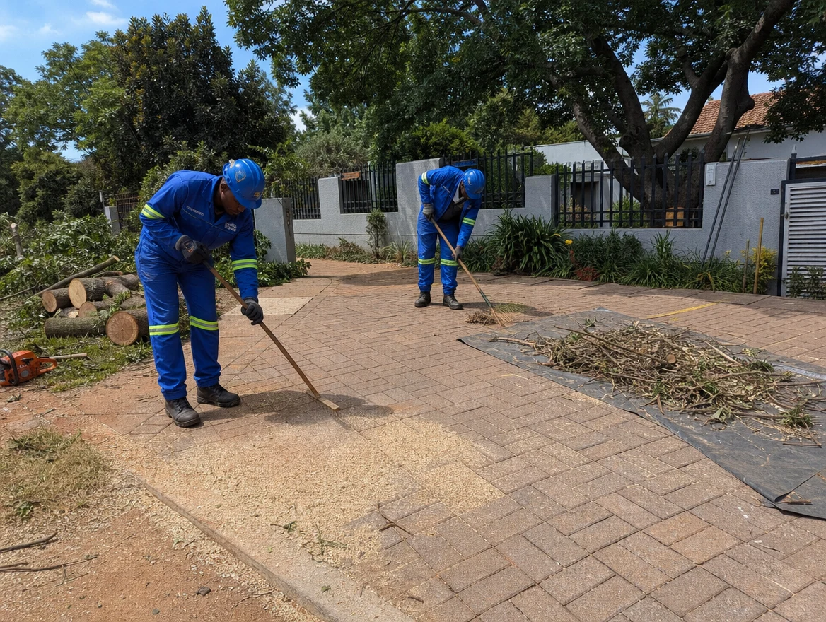 Tree removal crew completing a clean, organized residential worksite