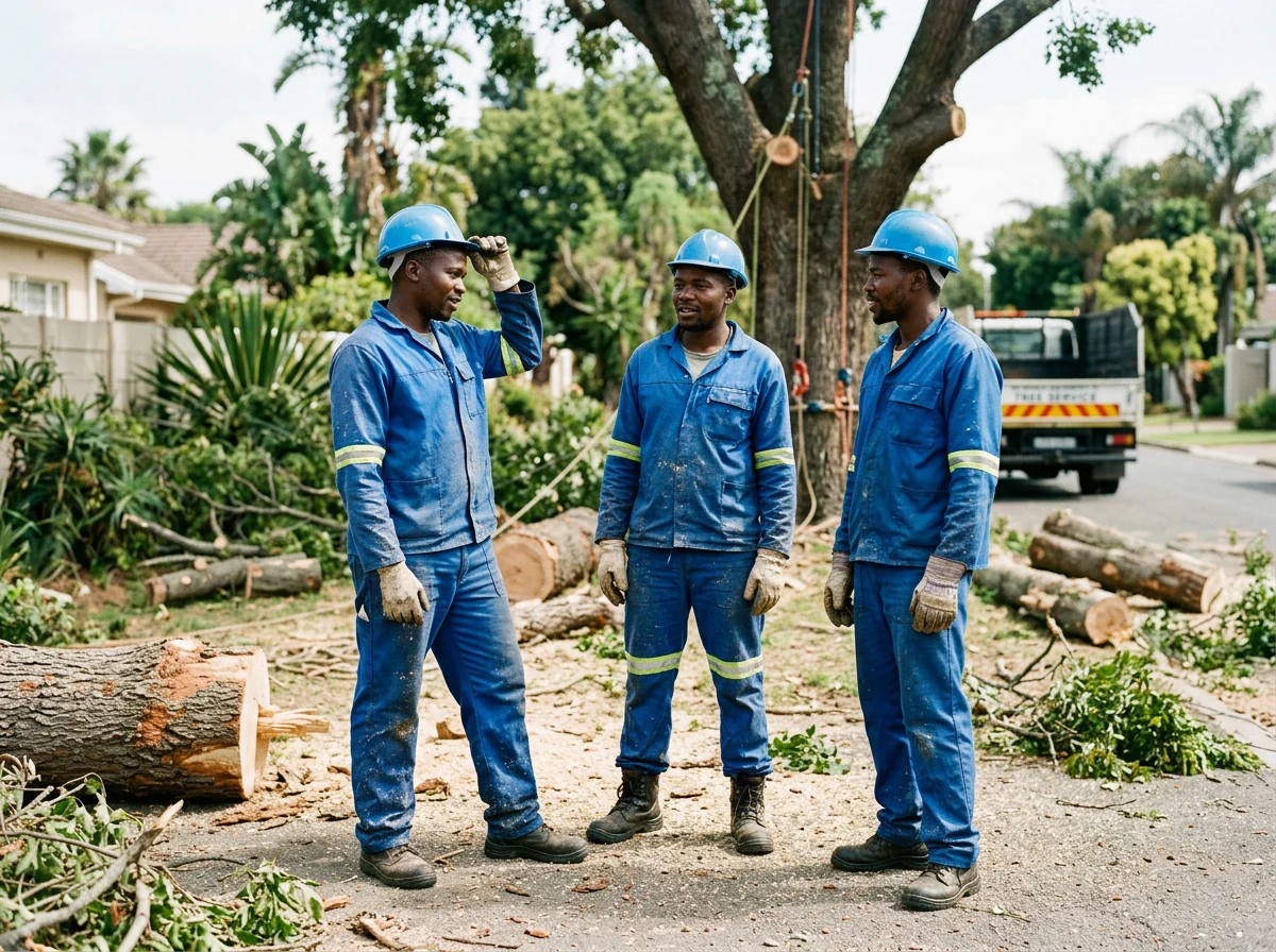 Tree care crew and equipment working at a landscaped local property