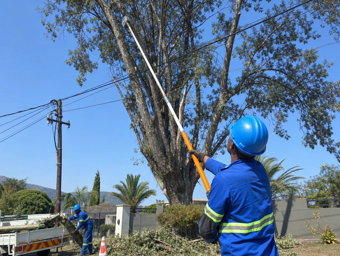 Arborist using an insulated pole pruner near overhead power lines
