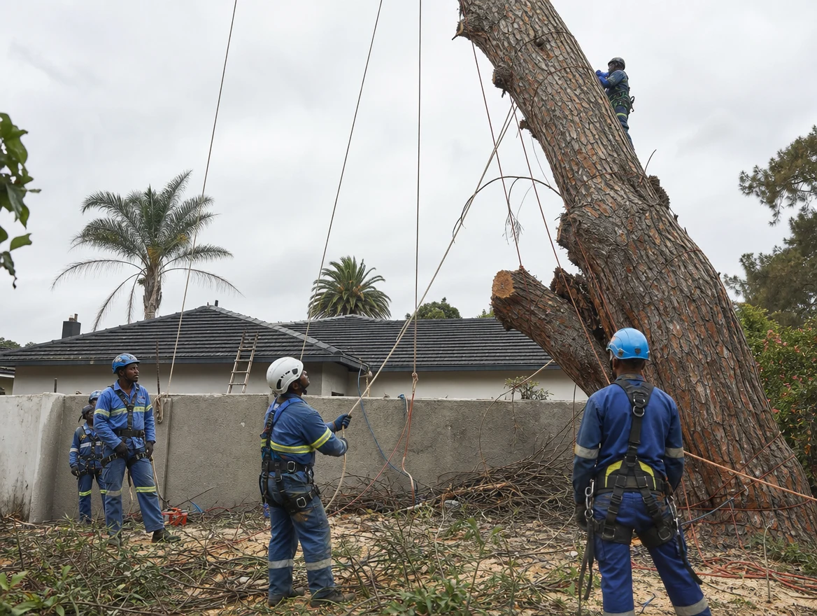 Tree felling crew performing controlled sectional dismantling at a residential property