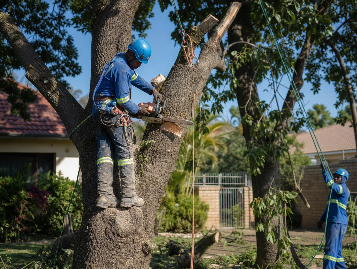 Professional tree felling crew carrying out controlled tree removal beside a residential property